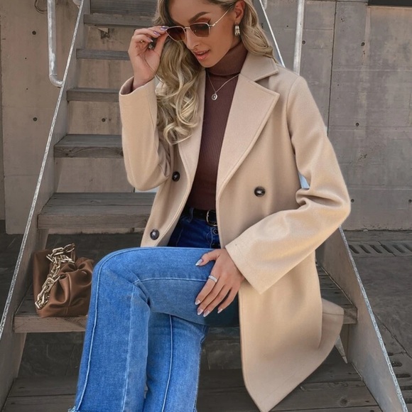 Double breasted pea coat long camel tan minimalist long line - Picture 2 of 8
